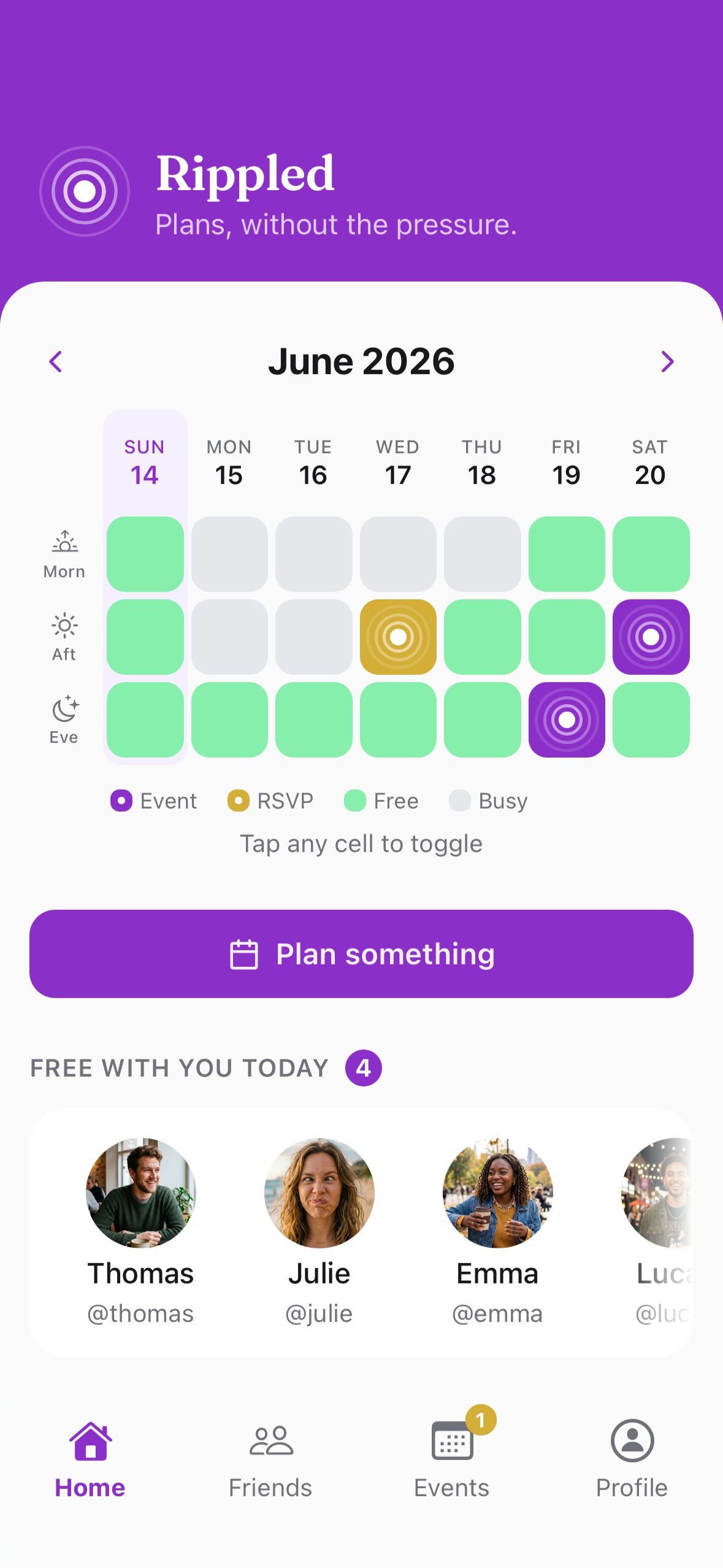rippled home screen showing friends' availability